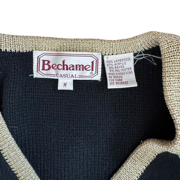 Bechamel Gold Black V Neck Sweater Size MEDIUM Lattice Trellis Grid Lambswool - Picture 5 of 8
